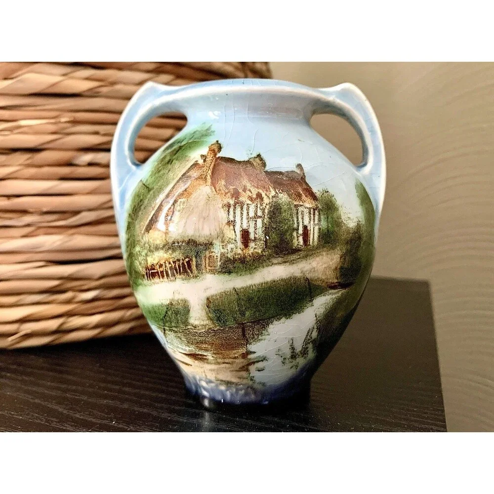 Antique Hand Painted Twin Handled Urn Vase English Cottage Landscape Ceramic 4